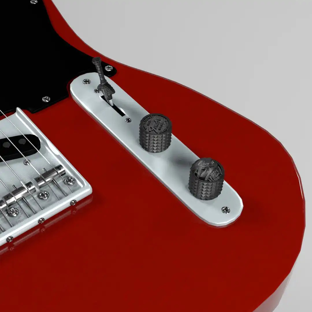 A red electric guitar with two knurled control knobs and a pickup selector switch.