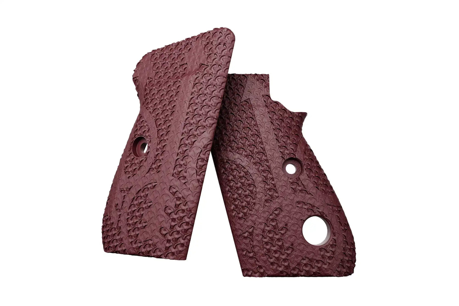 Textured maroon pistol grips with screw holes.