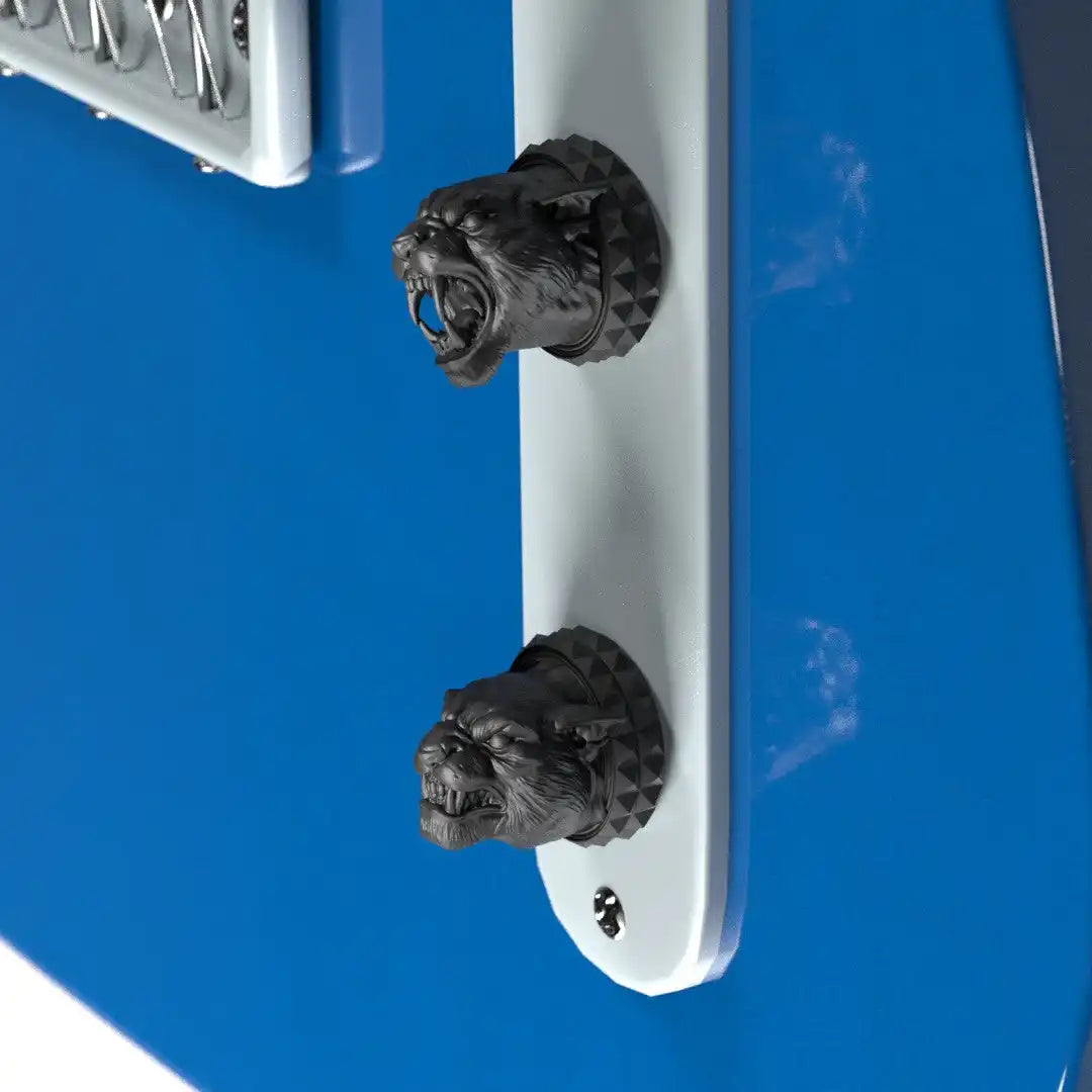 Two dark, roaring gargoyle-like door knockers on a white plate.